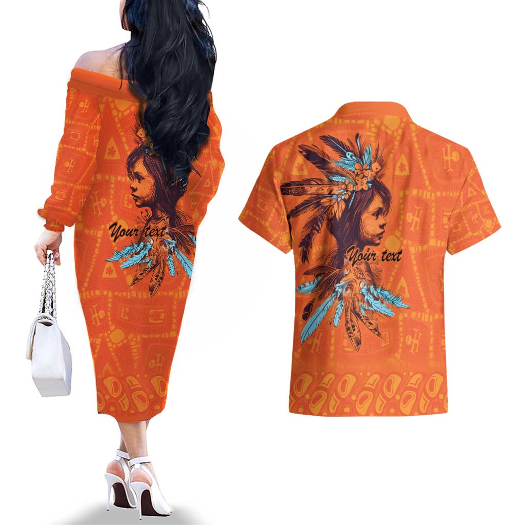 Awareness for Indigenous Orange Day Couples Matching Off The Shoulder Long Sleeve Dress and Hawaiian Shirt Canadian Indigenous Art - Wonder Print Shop