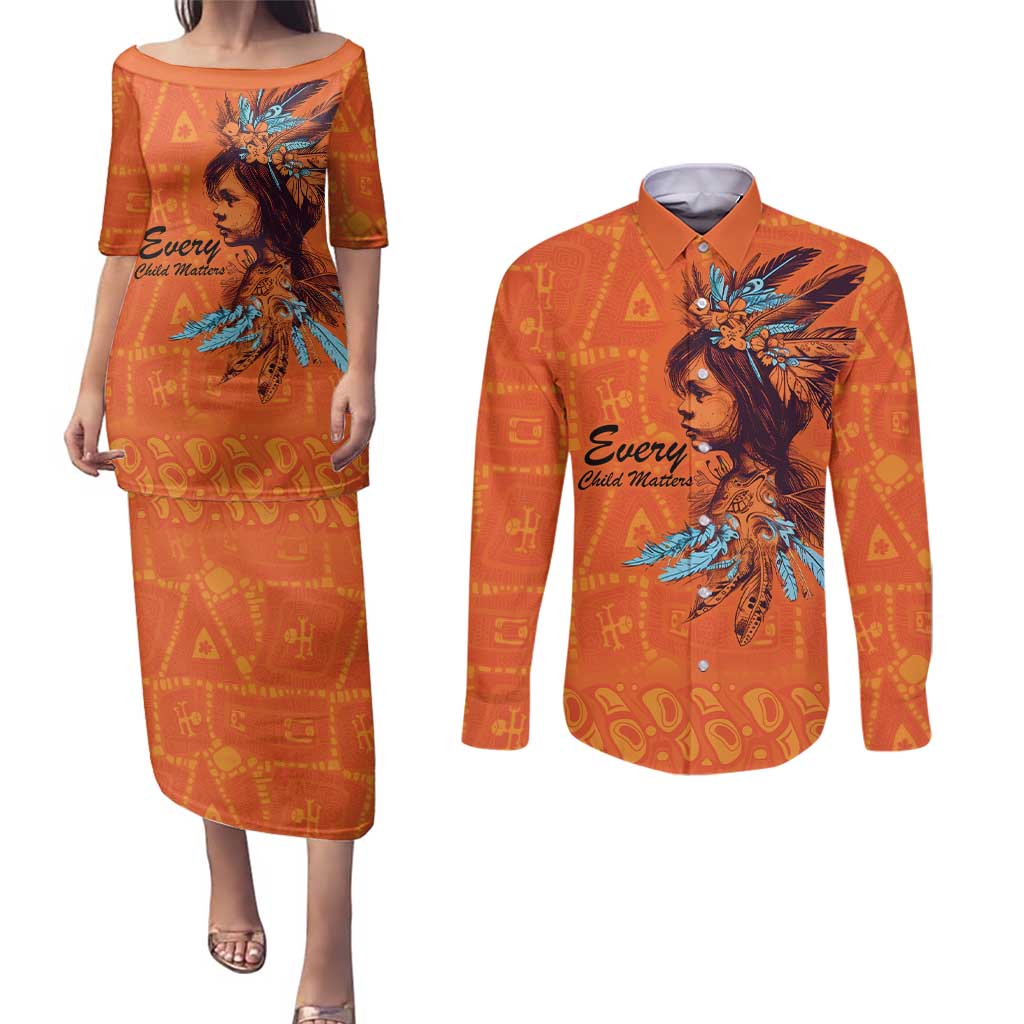 Awareness for Indigenous Orange Day Couples Matching Puletasi and Long Sleeve Button Shirt Canadian Indigenous Art - Wonder Print Shop