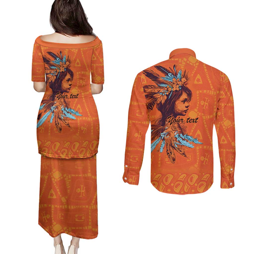 Awareness for Indigenous Orange Day Couples Matching Puletasi and Long Sleeve Button Shirt Canadian Indigenous Art - Wonder Print Shop