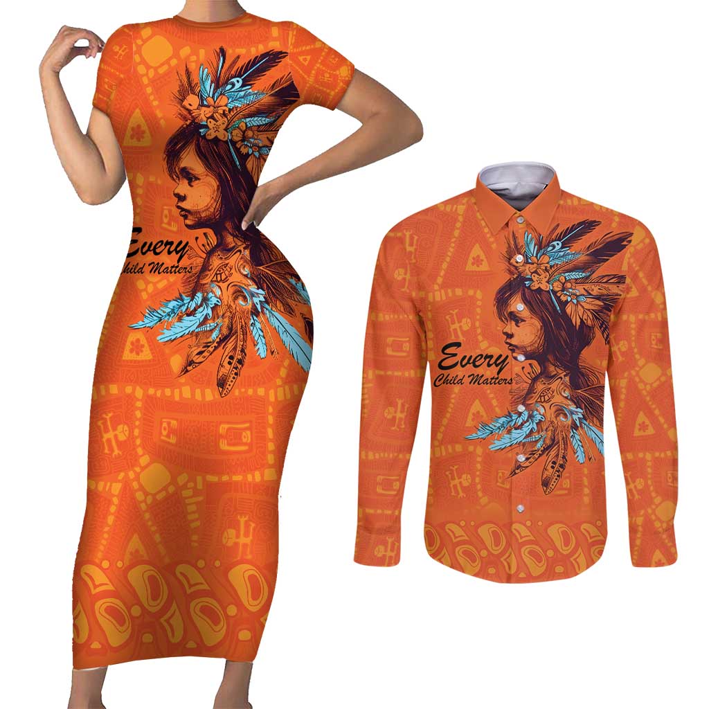 Awareness for Indigenous Orange Day Couples Matching Short Sleeve Bodycon Dress and Long Sleeve Button Shirt Canadian Indigenous Art - Wonder Print Shop