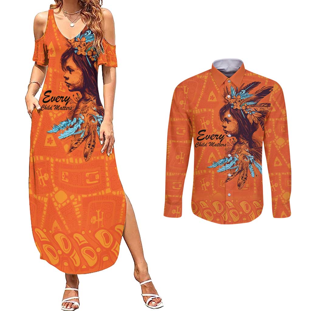 Awareness for Indigenous Orange Day Couples Matching Summer Maxi Dress and Long Sleeve Button Shirt Canadian Indigenous Art - Wonder Print Shop
