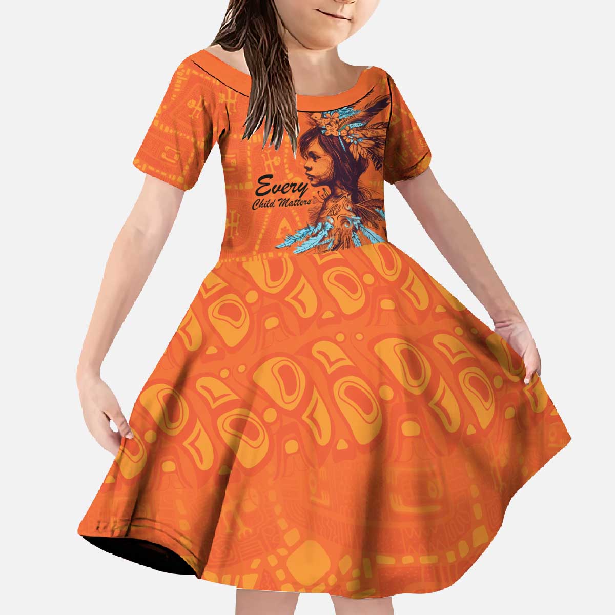 Awareness for Indigenous Orange Day Family Matching Off The Shoulder Long Sleeve Dress and Hawaiian Shirt Canadian Indigenous Art - Wonder Print Shop