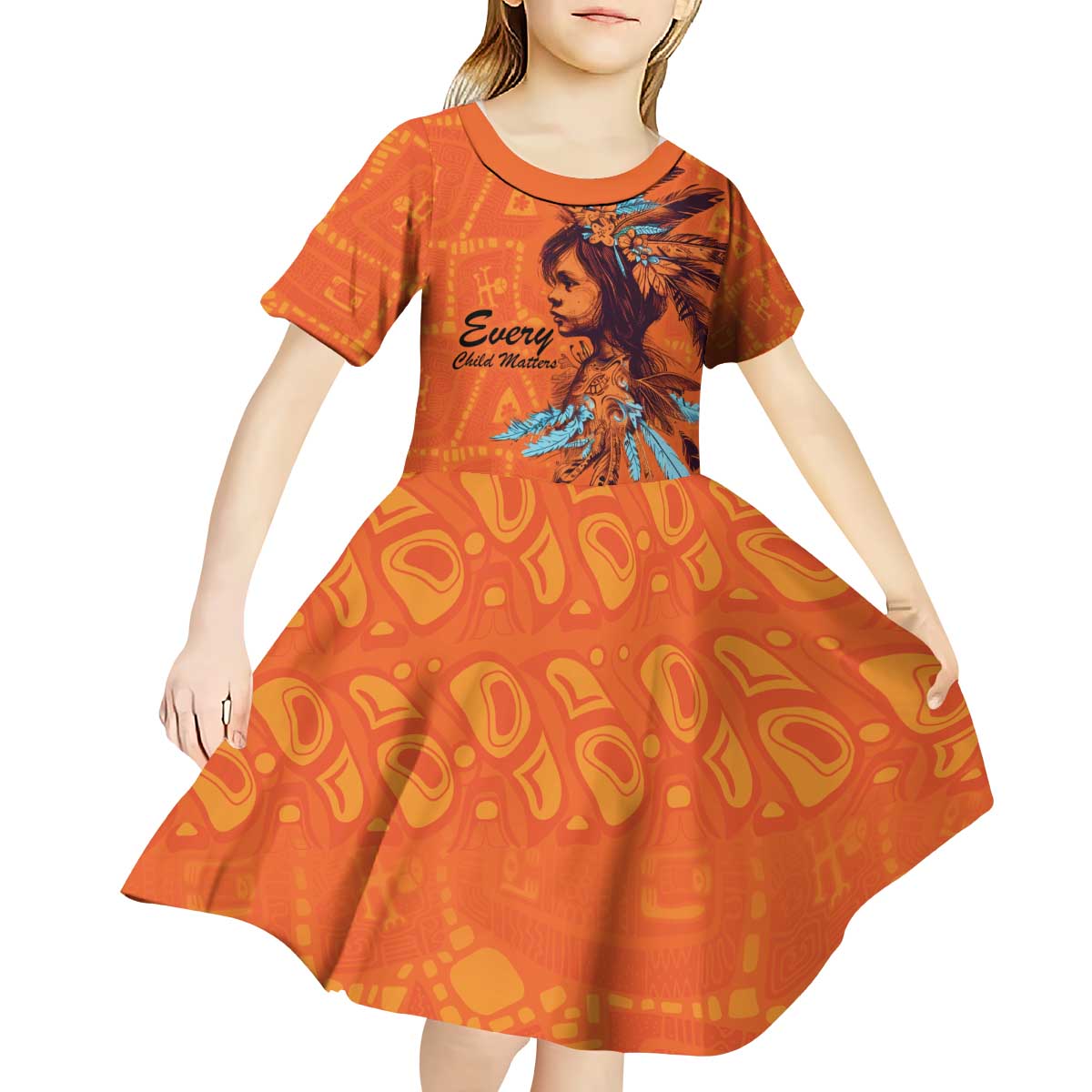 Awareness for Indigenous Orange Day Kid Short Sleeve Dress Canadian Indigenous Art - Wonder Print Shop