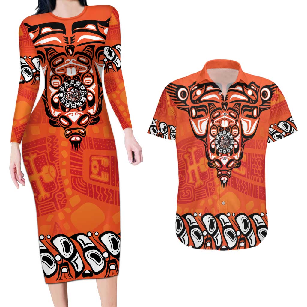 Awareness for Indigenous Orange Day Couples Matching Long Sleeve Bodycon Dress and Hawaiian Shirt Haida Spirit Animals - Wonder Print Shop