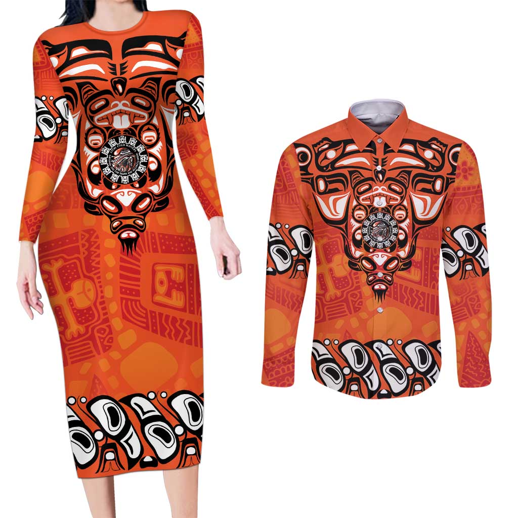 Awareness for Indigenous Orange Day Couples Matching Long Sleeve Bodycon Dress and Long Sleeve Button Shirt Haida Spirit Animals - Wonder Print Shop