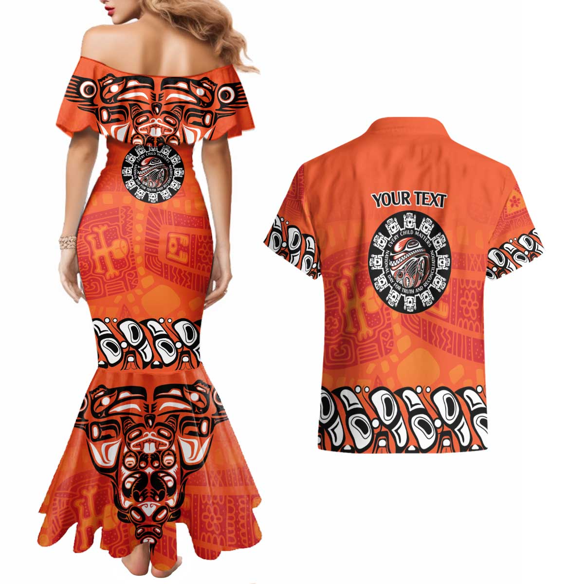 Awareness for Indigenous Orange Day Couples Matching Mermaid Dress and Hawaiian Shirt Haida Spirit Animals - Wonder Print Shop