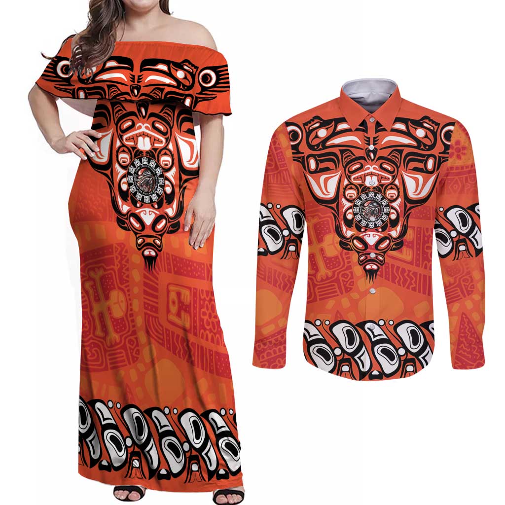 Awareness for Indigenous Orange Day Couples Matching Off Shoulder Maxi Dress and Long Sleeve Button Shirt Haida Spirit Animals - Wonder Print Shop