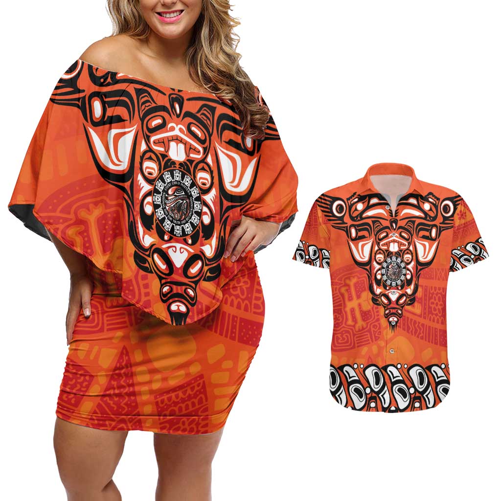 Awareness for Indigenous Orange Day Couples Matching Off Shoulder Short Dress and Hawaiian Shirt Haida Spirit Animals - Wonder Print Shop