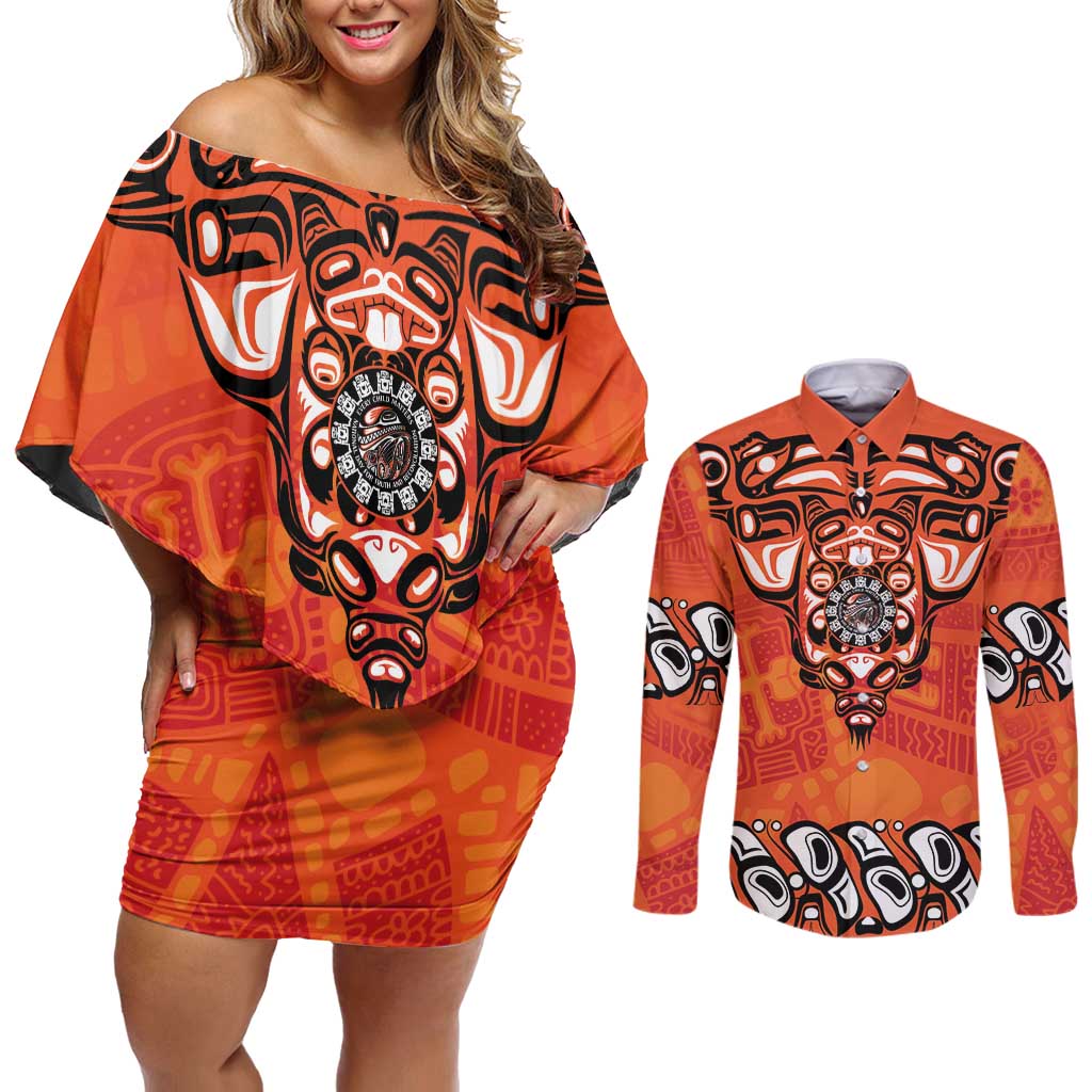 Awareness for Indigenous Orange Day Couples Matching Off Shoulder Short Dress and Long Sleeve Button Shirt Haida Spirit Animals - Wonder Print Shop
