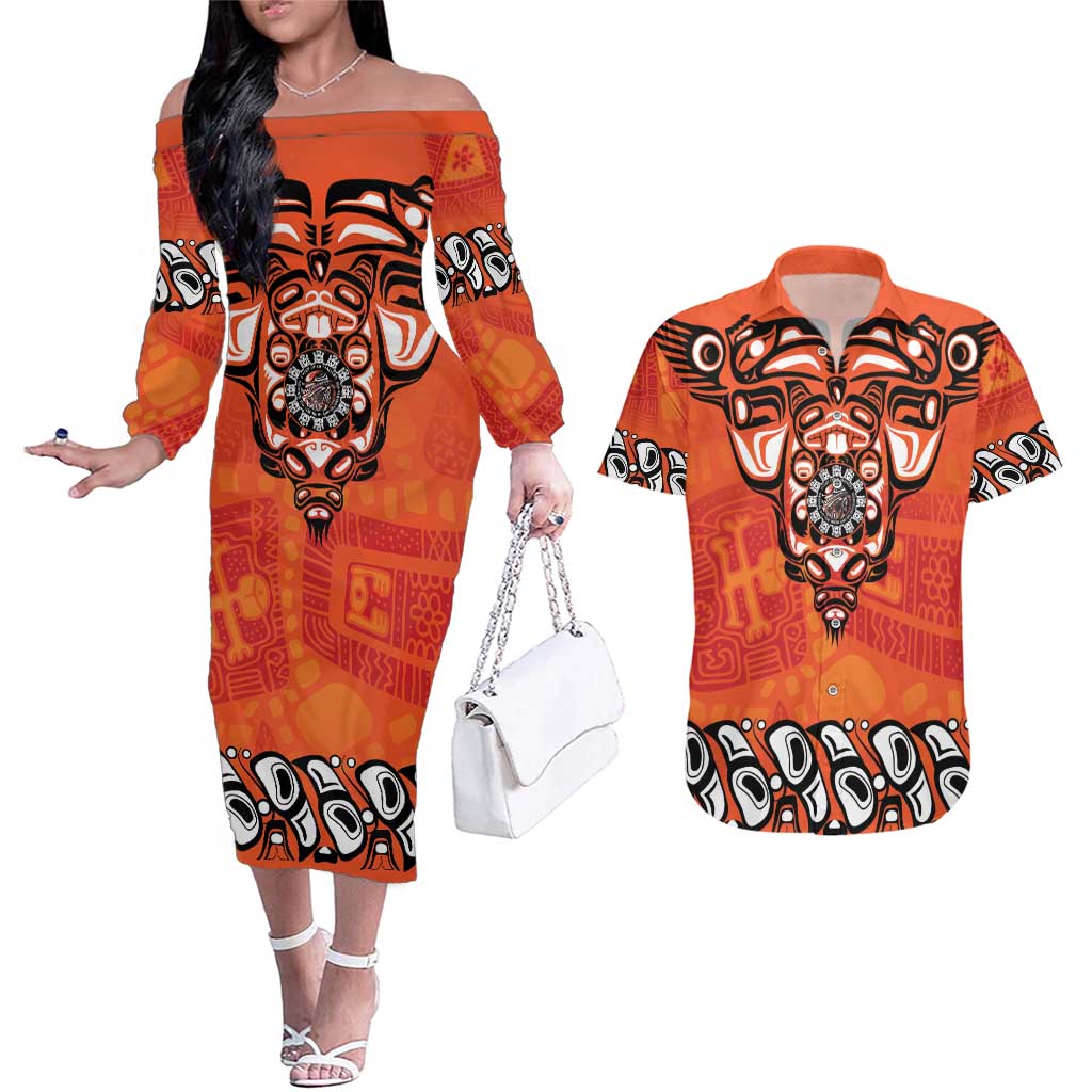 Awareness for Indigenous Orange Day Couples Matching Off The Shoulder Long Sleeve Dress and Hawaiian Shirt Haida Spirit Animals - Wonder Print Shop