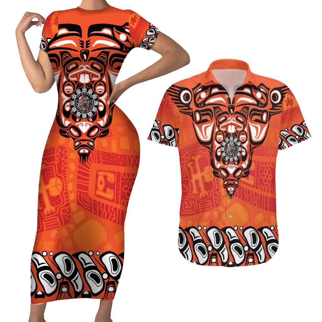 Awareness for Indigenous Orange Day Couples Matching Short Sleeve Bodycon Dress and Hawaiian Shirt Haida Spirit Animals - Wonder Print Shop