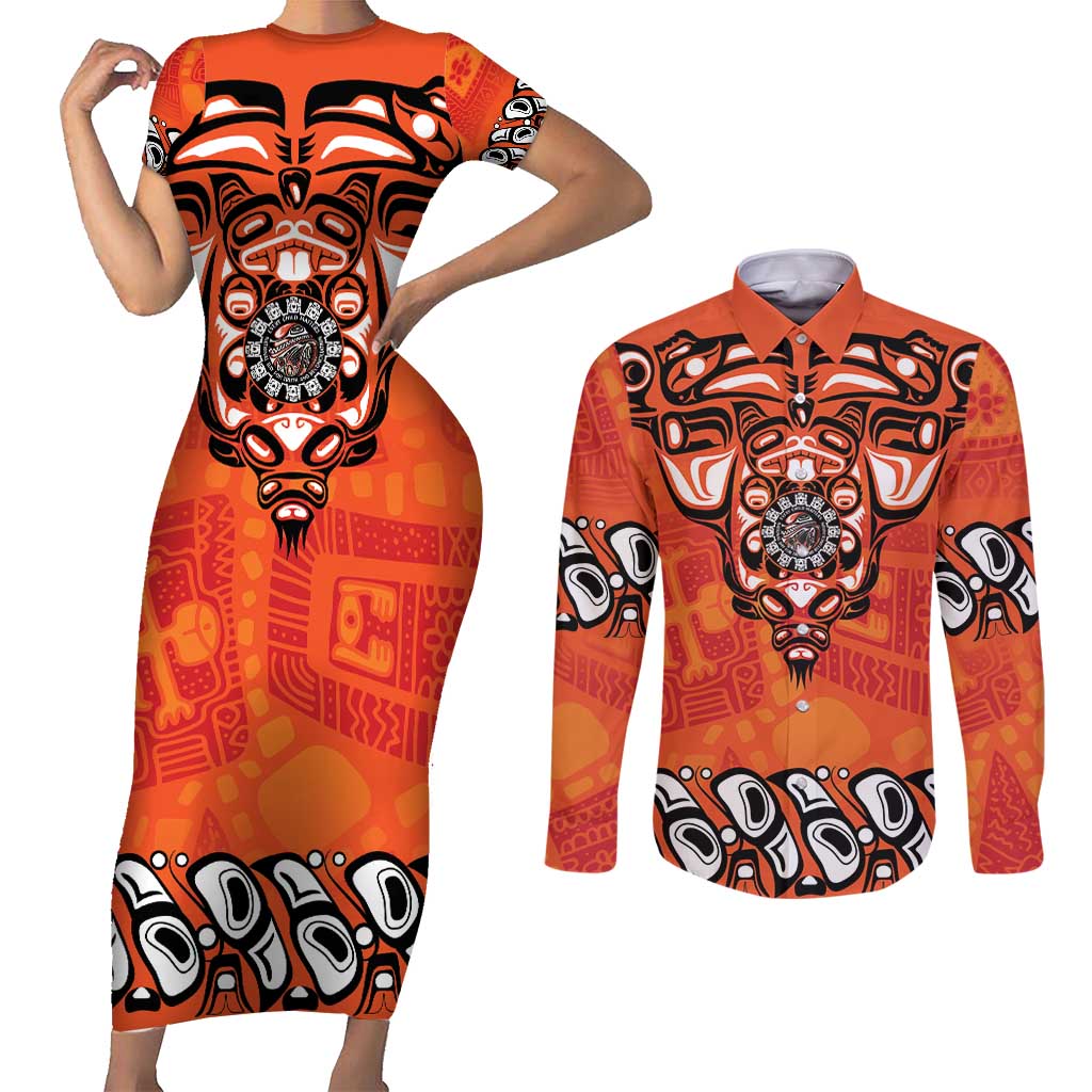 Awareness for Indigenous Orange Day Couples Matching Short Sleeve Bodycon Dress and Long Sleeve Button Shirt Haida Spirit Animals - Wonder Print Shop