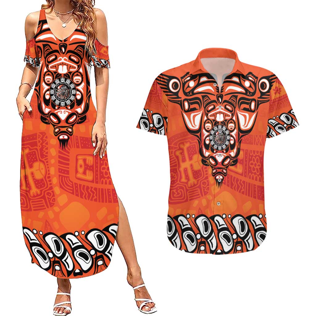 Awareness for Indigenous Orange Day Couples Matching Summer Maxi Dress and Hawaiian Shirt Haida Spirit Animals - Wonder Print Shop