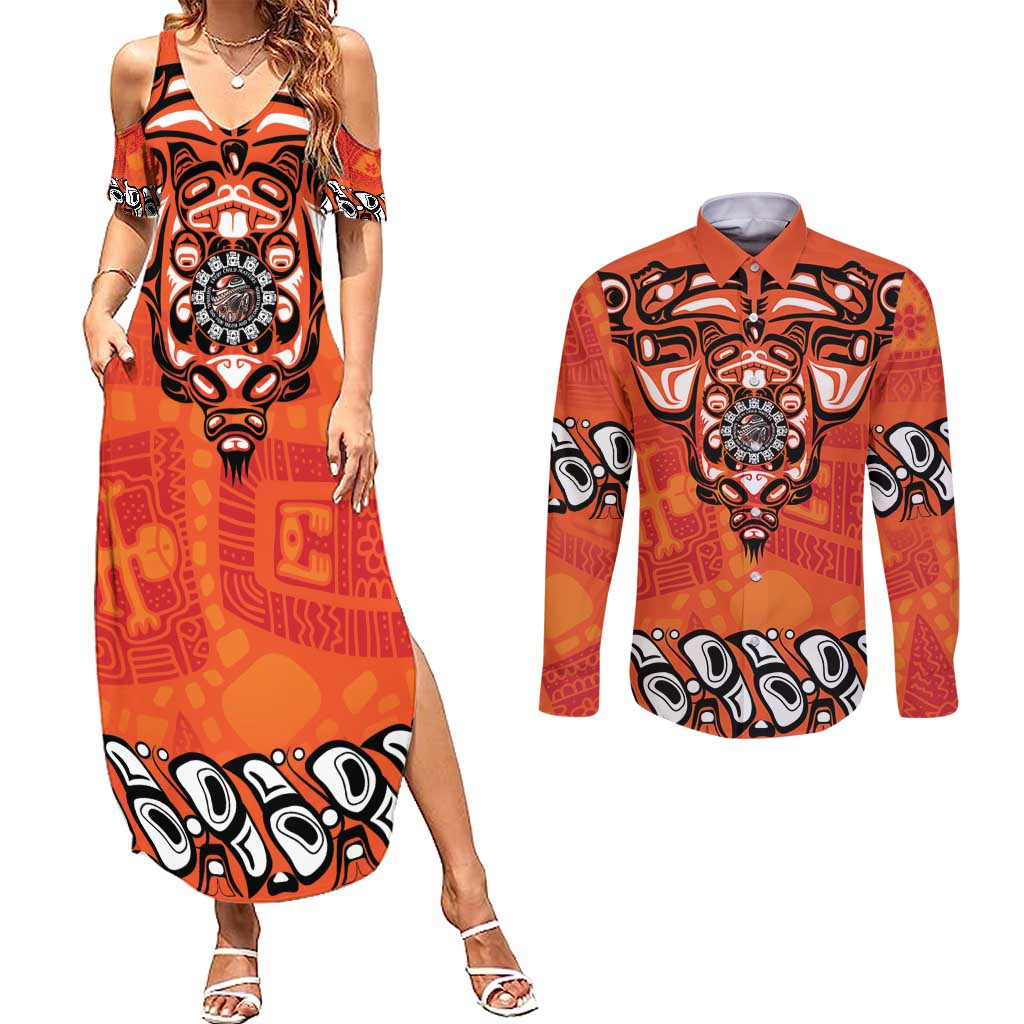 Awareness for Indigenous Orange Day Couples Matching Summer Maxi Dress and Long Sleeve Button Shirt Haida Spirit Animals - Wonder Print Shop