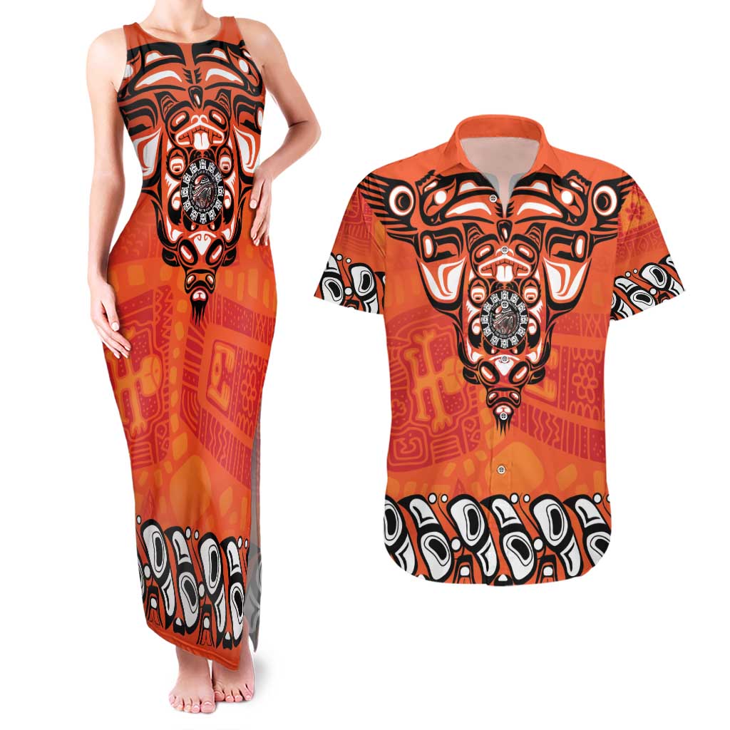 Awareness for Indigenous Orange Day Couples Matching Tank Maxi Dress and Hawaiian Shirt Haida Spirit Animals - Wonder Print Shop