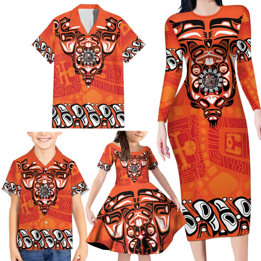 Awareness for Indigenous Orange Day Family Matching Long Sleeve Bodycon Dress and Hawaiian Shirt Haida Spirit Animals - Wonder Print Shop