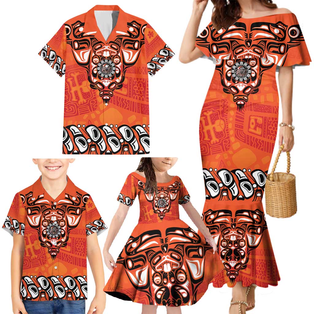 Awareness for Indigenous Orange Day Family Matching Mermaid Dress and Hawaiian Shirt Haida Spirit Animals - Wonder Print Shop