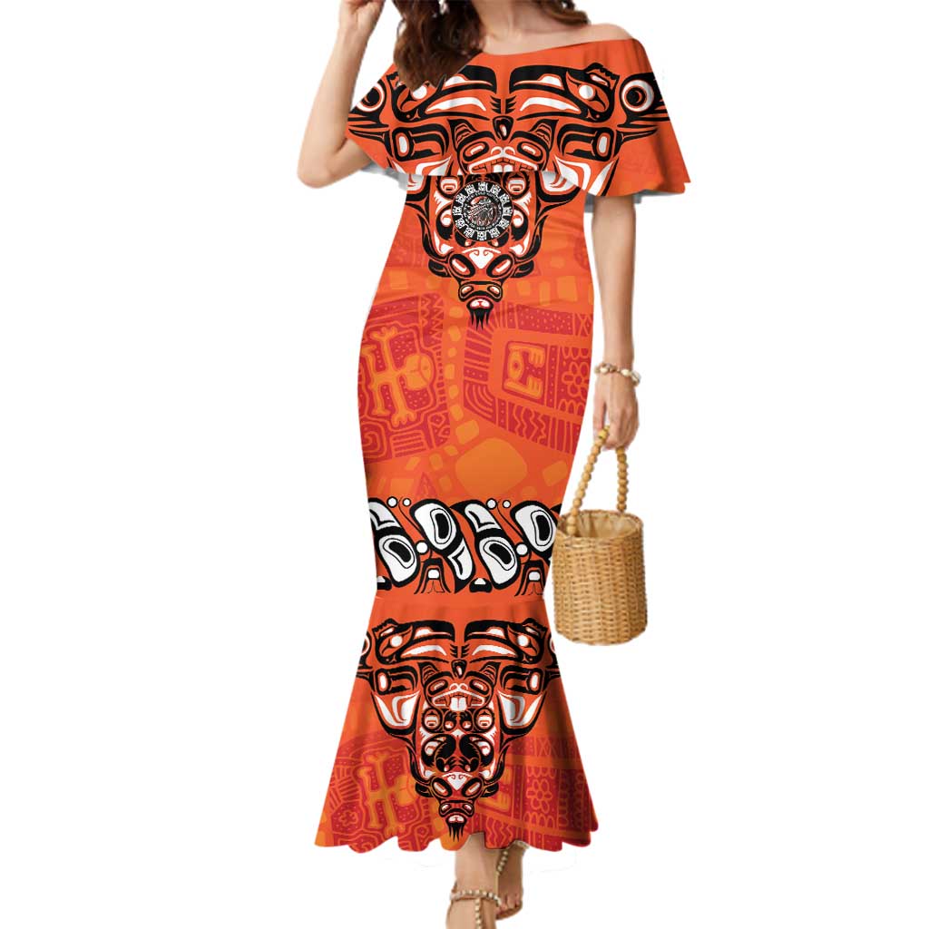 Awareness for Indigenous Orange Day Family Matching Mermaid Dress and Hawaiian Shirt Haida Spirit Animals - Wonder Print Shop