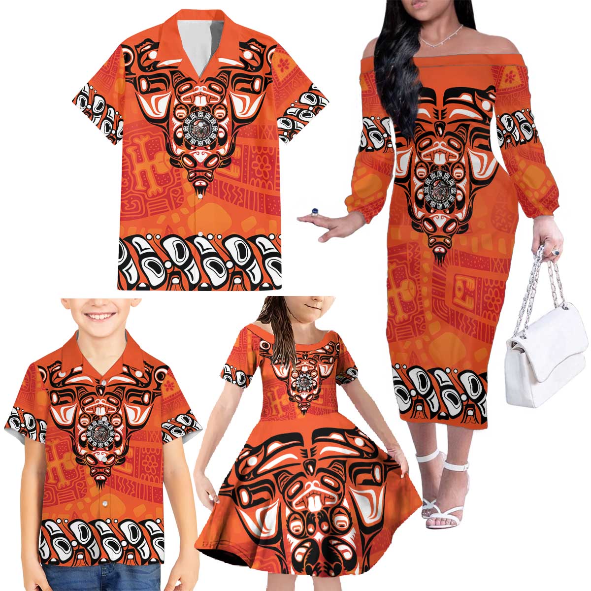 Awareness for Indigenous Orange Day Family Matching Off The Shoulder Long Sleeve Dress and Hawaiian Shirt Haida Spirit Animals - Wonder Print Shop