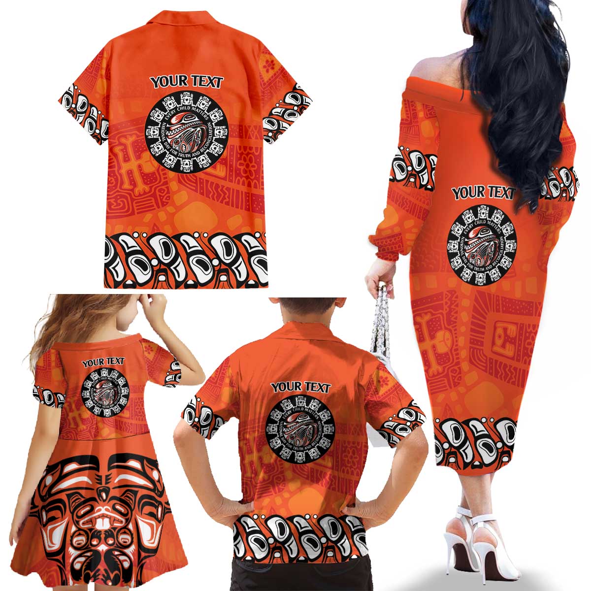 Awareness for Indigenous Orange Day Family Matching Off The Shoulder Long Sleeve Dress and Hawaiian Shirt Haida Spirit Animals - Wonder Print Shop