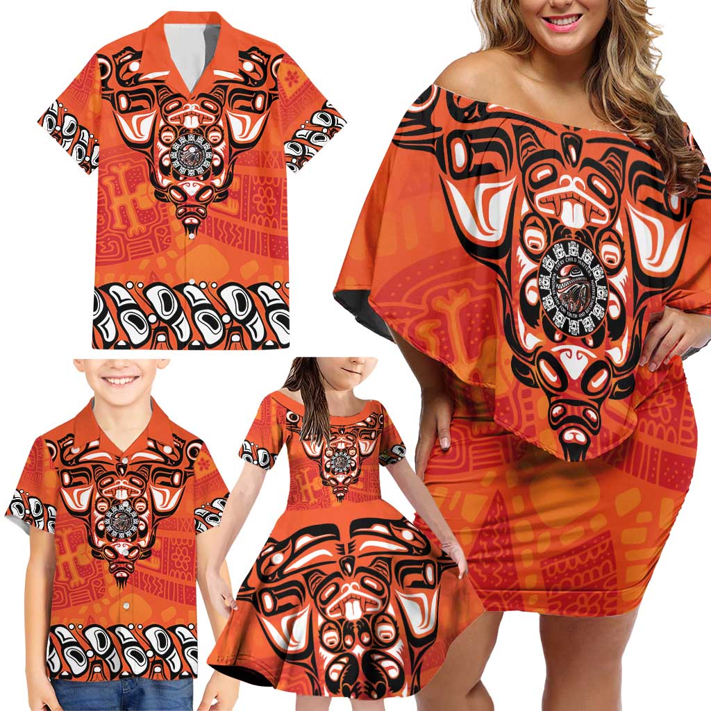 Awareness for Indigenous Orange Day Family Matching Off Shoulder Short Dress and Hawaiian Shirt Haida Spirit Animals - Wonder Print Shop
