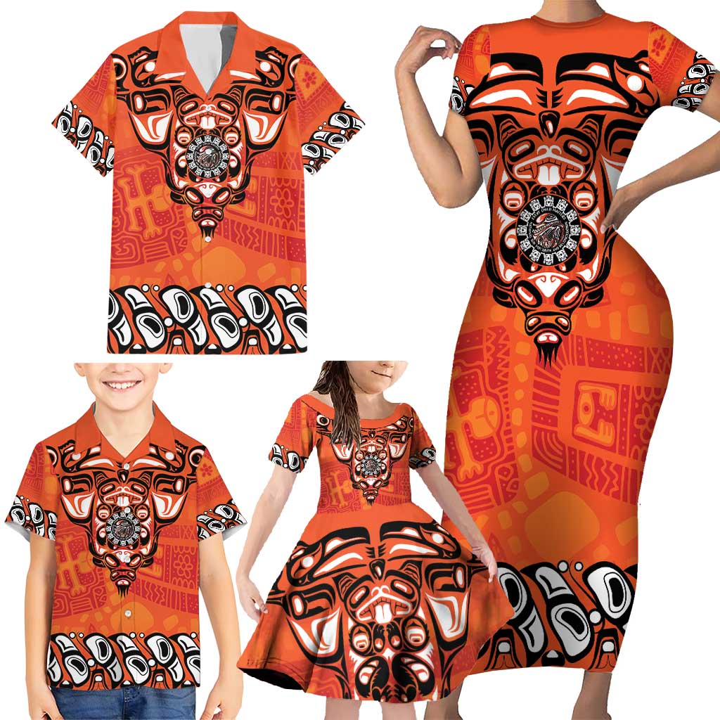 Awareness for Indigenous Orange Day Family Matching Short Sleeve Bodycon Dress and Hawaiian Shirt Haida Spirit Animals - Wonder Print Shop
