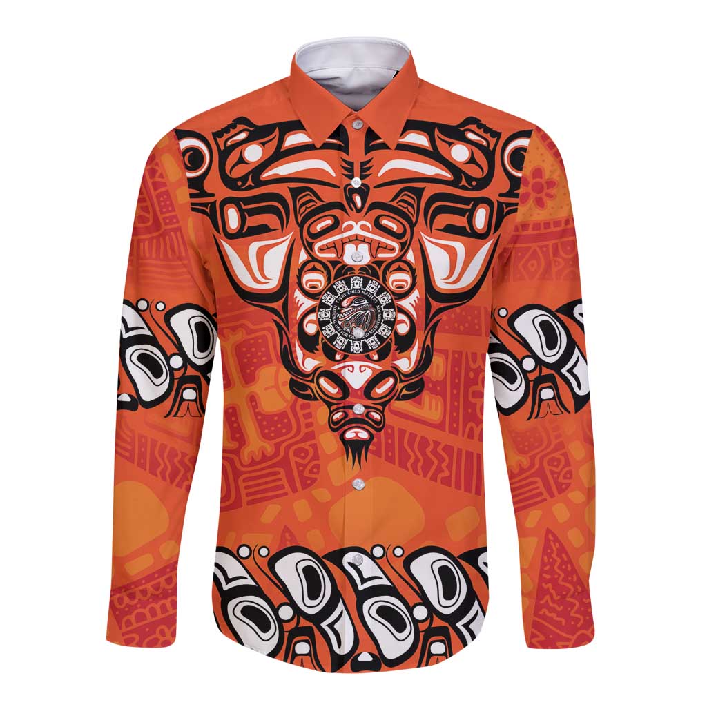 Awareness for Indigenous Orange Day Long Sleeve Button Shirt Haida Spirit Animals - Wonder Print Shop