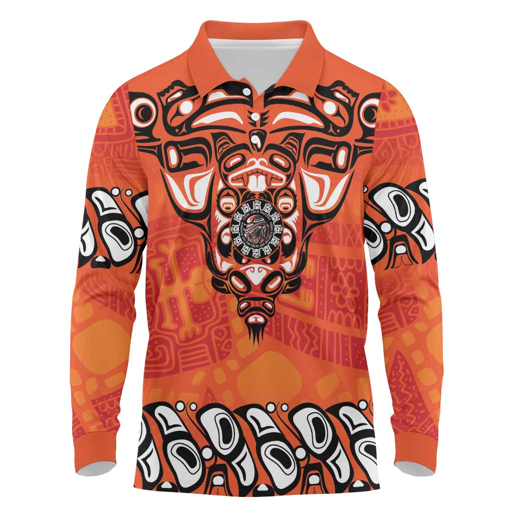 Awareness for Indigenous Orange Day Long Sleeve Polo Shirt Haida Spirit Animals - Wonder Print Shop