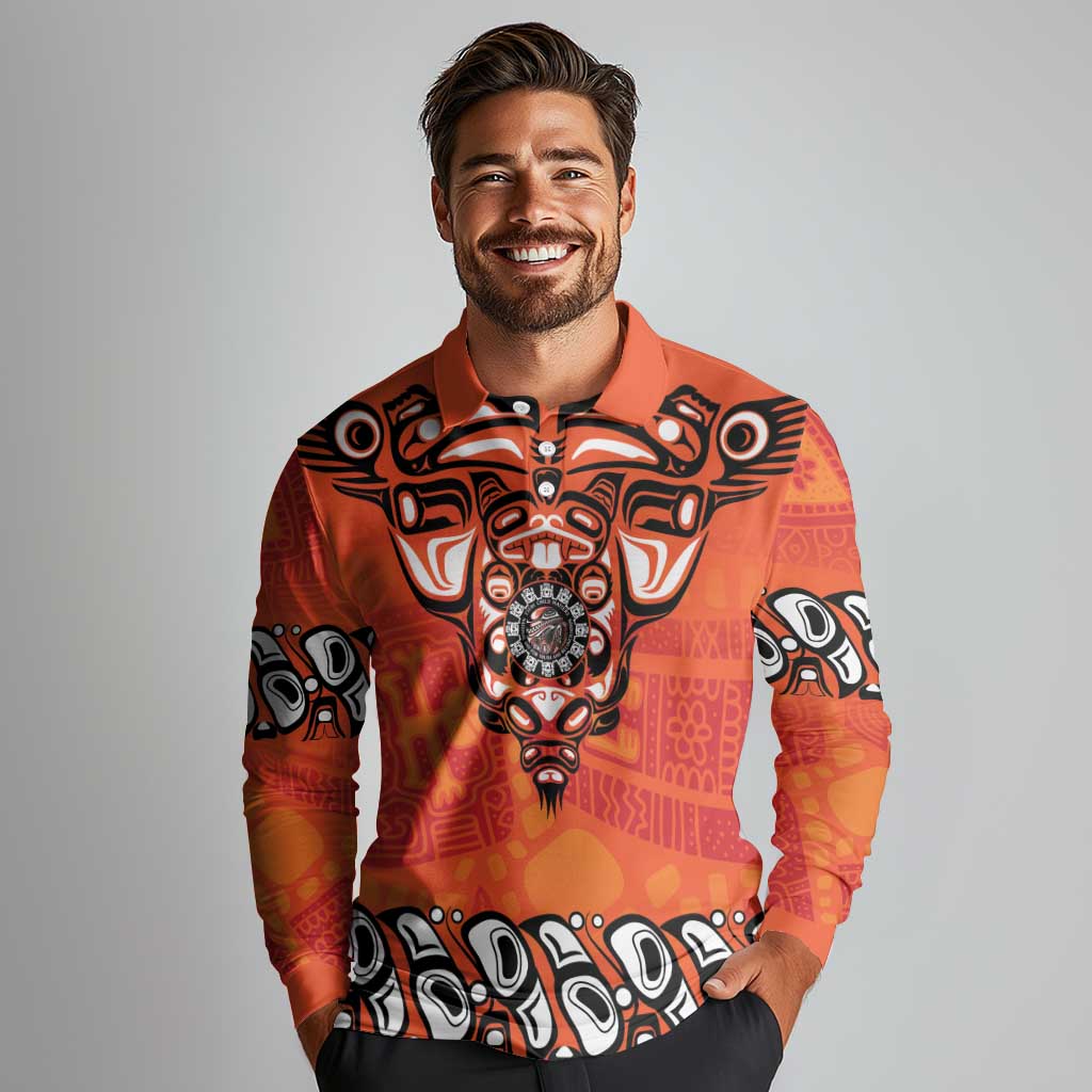 Awareness for Indigenous Orange Day Long Sleeve Polo Shirt Haida Spirit Animals - Wonder Print Shop