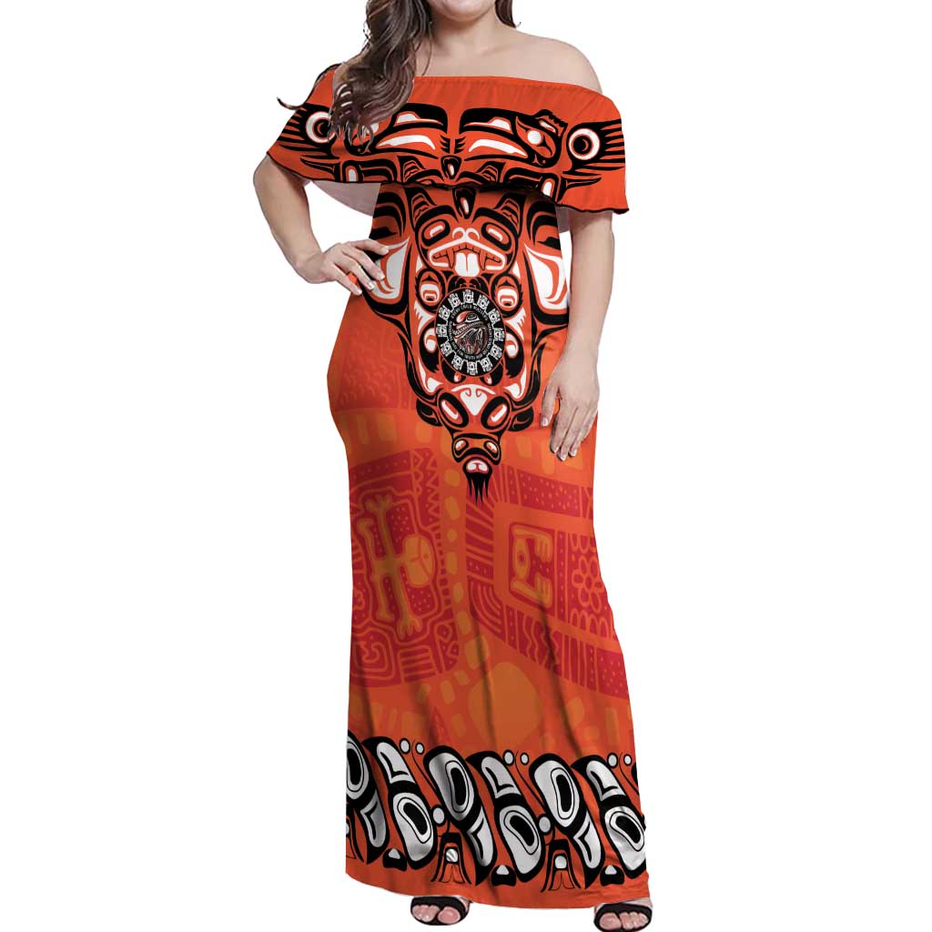 Awareness for Indigenous Orange Day Off Shoulder Maxi Dress Haida Spirit Animals - Wonder Print Shop