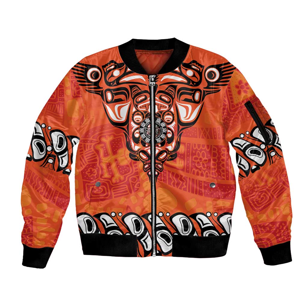 Awareness for Indigenous Orange Day Sleeve Zip Bomber Jacket Haida Spirit Animals - Wonder Print Shop