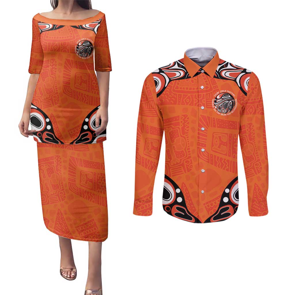 Awareness for Indigenous Orange Day Couples Matching Puletasi and Long Sleeve Button Shirt Kindness and Equality - Wonder Print Shop