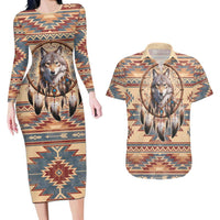 Indigenous Peoples Day Couples Matching Long Sleeve Bodycon Dress and Hawaiian Shirt Native American Dream Catcher Wolf Tribal-inspired - Wonder Print Shop