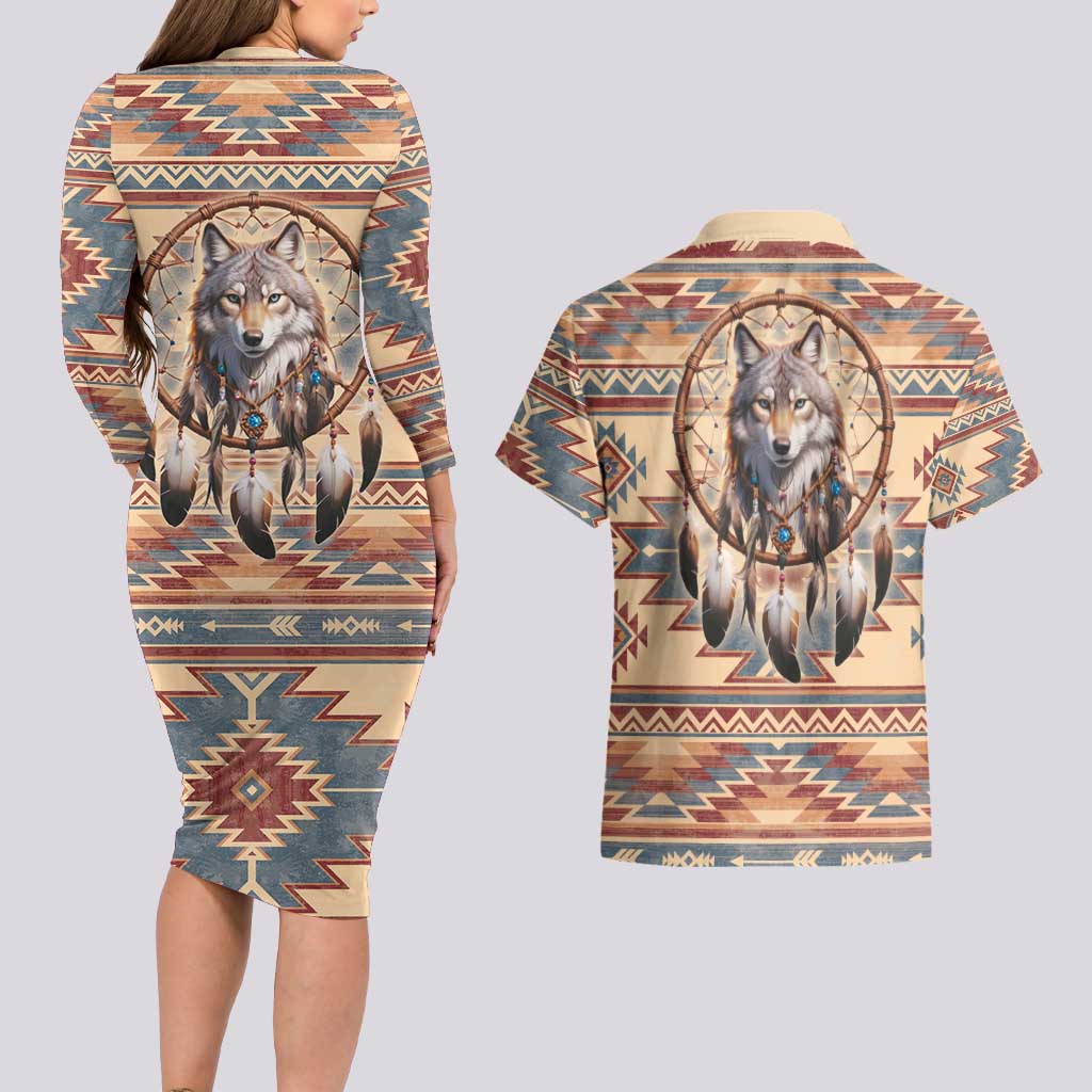 Indigenous Peoples Day Couples Matching Long Sleeve Bodycon Dress and Hawaiian Shirt Native American Dream Catcher Wolf Tribal-inspired - Wonder Print Shop