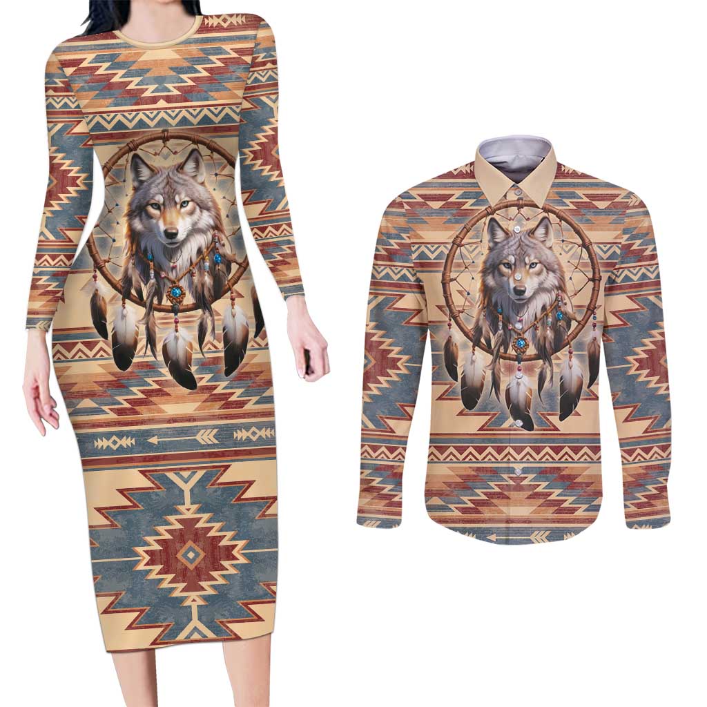Indigenous Peoples Day Couples Matching Long Sleeve Bodycon Dress and Long Sleeve Button Shirt Native American Dream Catcher Wolf Tribal-inspired - Wonder Print Shop