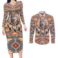 Indigenous Peoples Day Couples Matching Long Sleeve Bodycon Dress and Long Sleeve Button Shirt Native American Dream Catcher Wolf Tribal-inspired - Wonder Print Shop