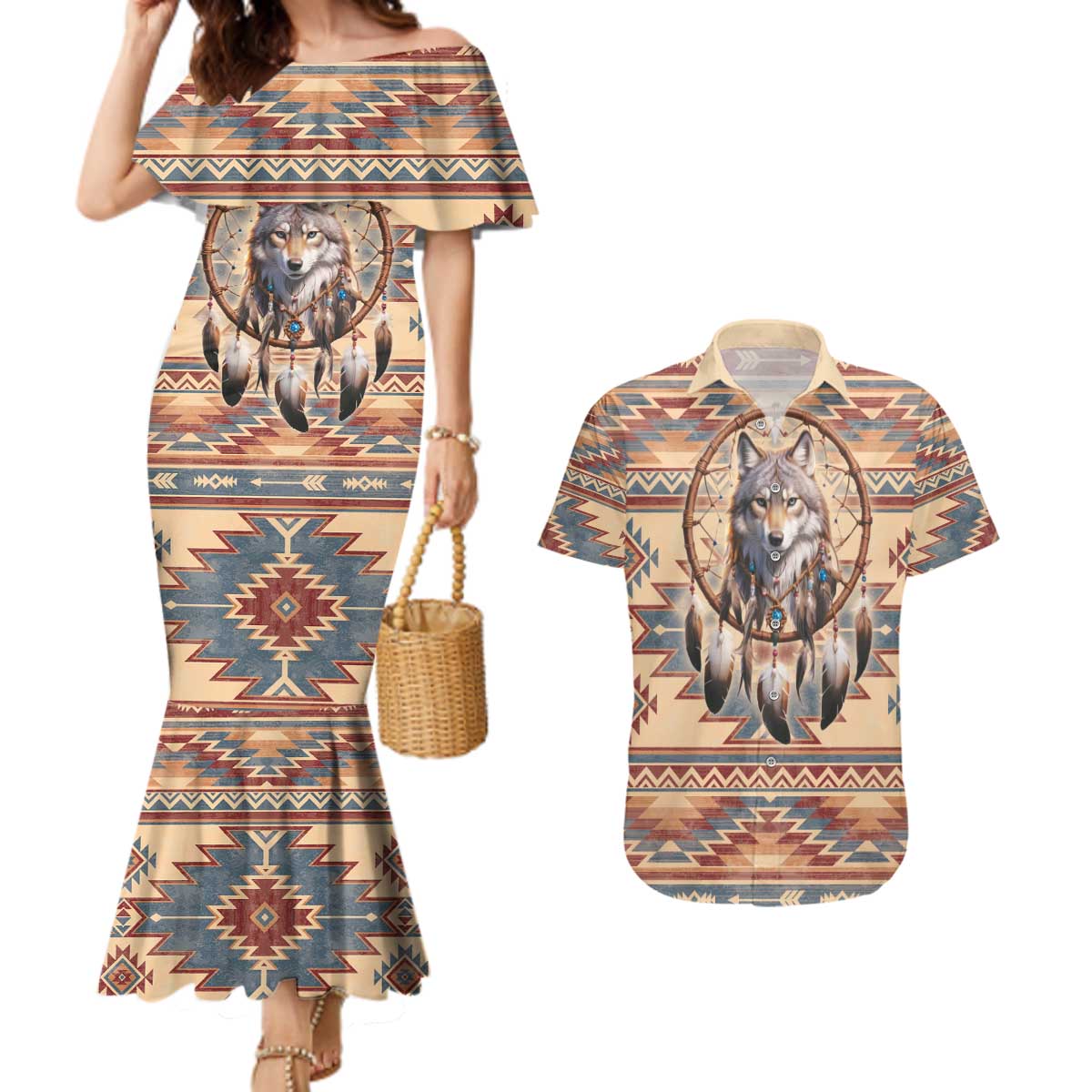Indigenous Peoples Day Couples Matching Mermaid Dress and Hawaiian Shirt Native American Dream Catcher Wolf Tribal-inspired - Wonder Print Shop