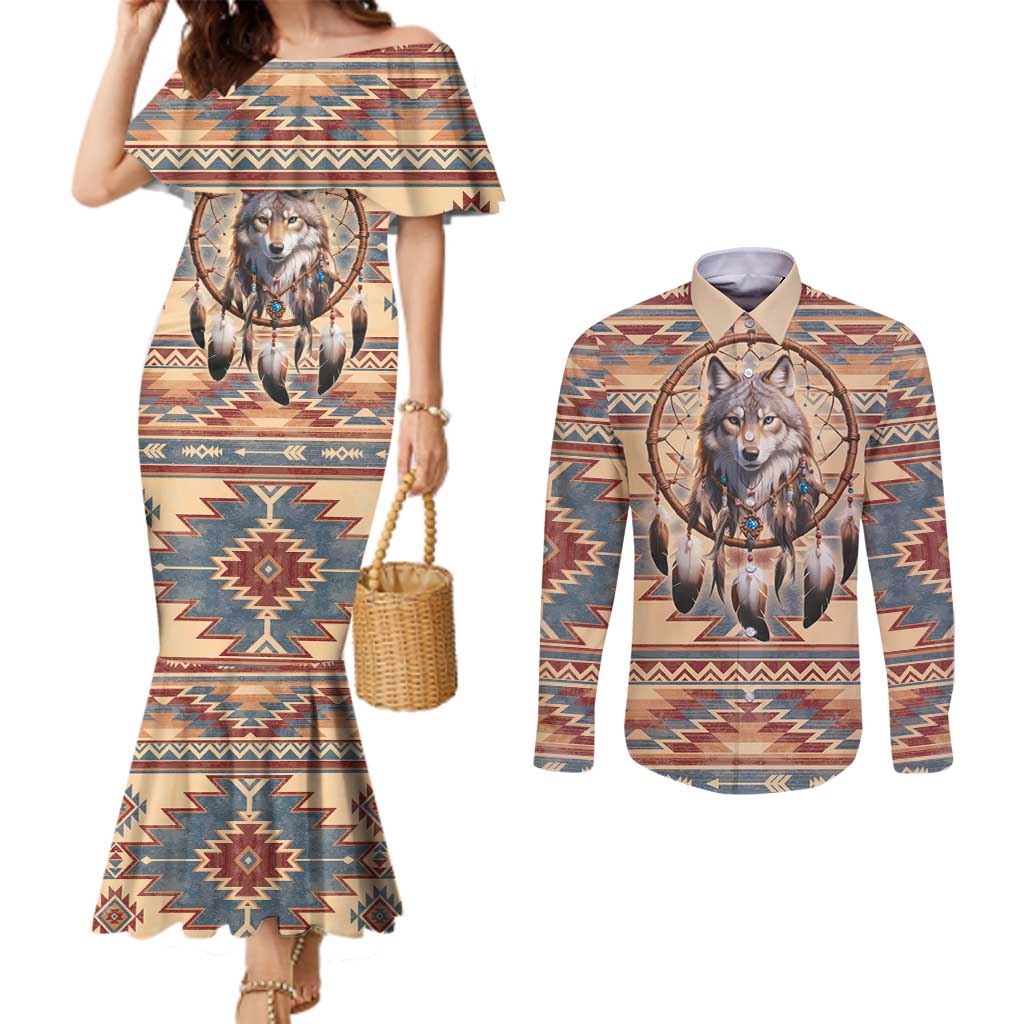 Indigenous Peoples Day Couples Matching Mermaid Dress and Long Sleeve Button Shirt Native American Dream Catcher Wolf Tribal-inspired - Wonder Print Shop