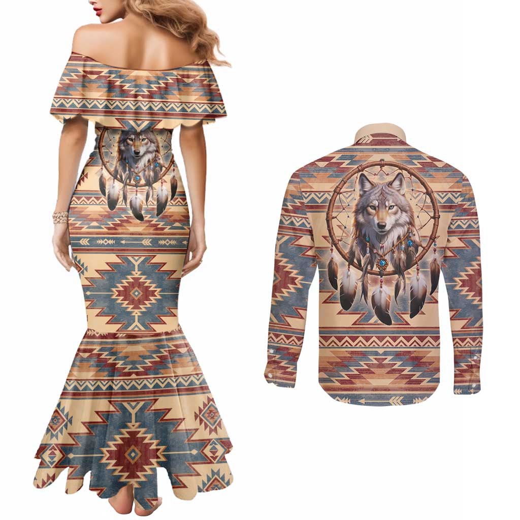 Indigenous Peoples Day Couples Matching Mermaid Dress and Long Sleeve Button Shirt Native American Dream Catcher Wolf Tribal-inspired - Wonder Print Shop