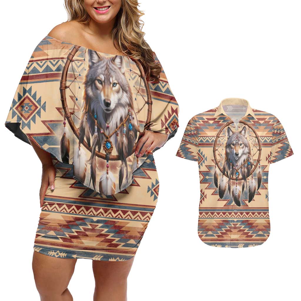 Indigenous Peoples Day Couples Matching Off Shoulder Short Dress and Hawaiian Shirt Native American Dream Catcher Wolf Tribal-inspired - Wonder Print Shop