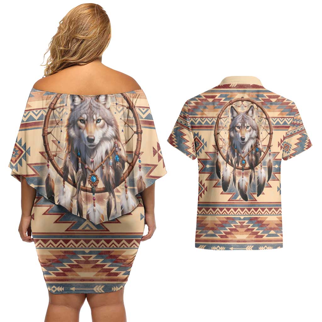 Indigenous Peoples Day Couples Matching Off Shoulder Short Dress and Hawaiian Shirt Native American Dream Catcher Wolf Tribal-inspired - Wonder Print Shop