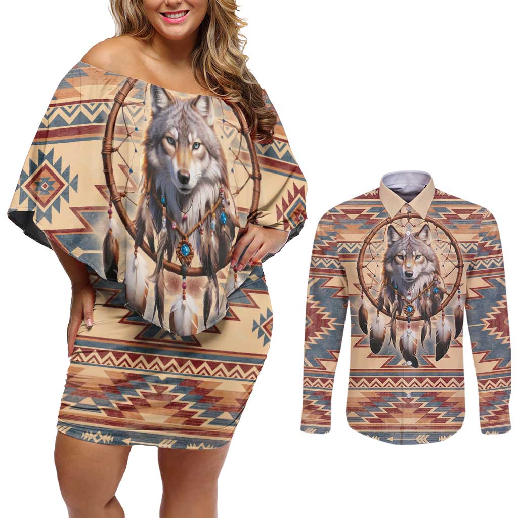 Indigenous Peoples Day Couples Matching Off Shoulder Short Dress and Long Sleeve Button Shirt Native American Dream Catcher Wolf Tribal-inspired - Wonder Print Shop