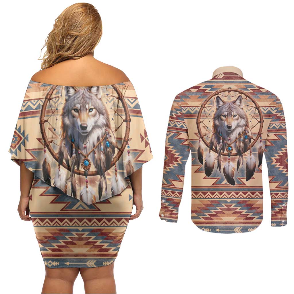 Indigenous Peoples Day Couples Matching Off Shoulder Short Dress and Long Sleeve Button Shirt Native American Dream Catcher Wolf Tribal-inspired - Wonder Print Shop