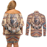 Indigenous Peoples Day Couples Matching Off Shoulder Short Dress and Long Sleeve Button Shirt Native American Dream Catcher Wolf Tribal-inspired - Wonder Print Shop