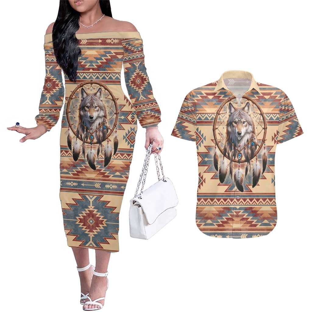 Indigenous Peoples Day Couples Matching Off The Shoulder Long Sleeve Dress and Hawaiian Shirt Native American Dream Catcher Wolf Tribal-inspired - Wonder Print Shop