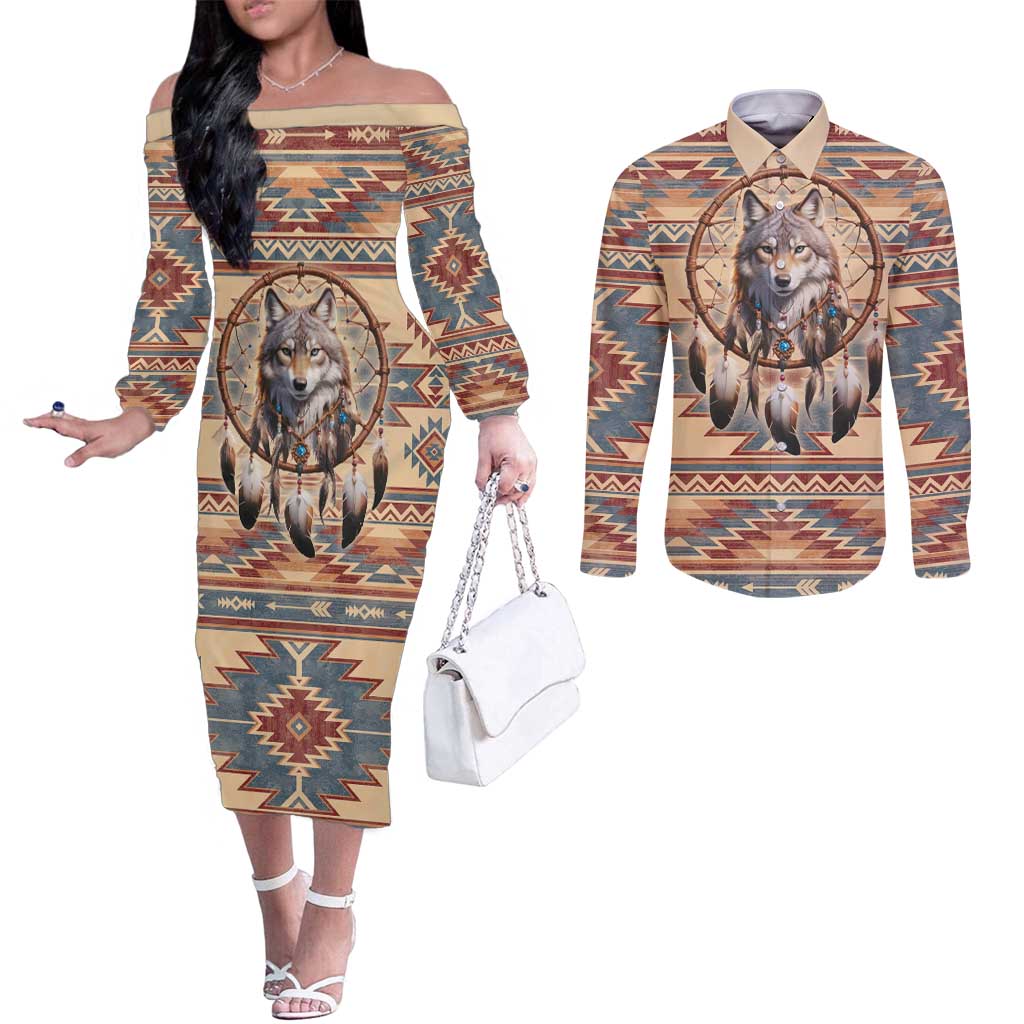 Indigenous Peoples Day Couples Matching Off The Shoulder Long Sleeve Dress and Long Sleeve Button Shirt Native American Dream Catcher Wolf Tribal-inspired - Wonder Print Shop