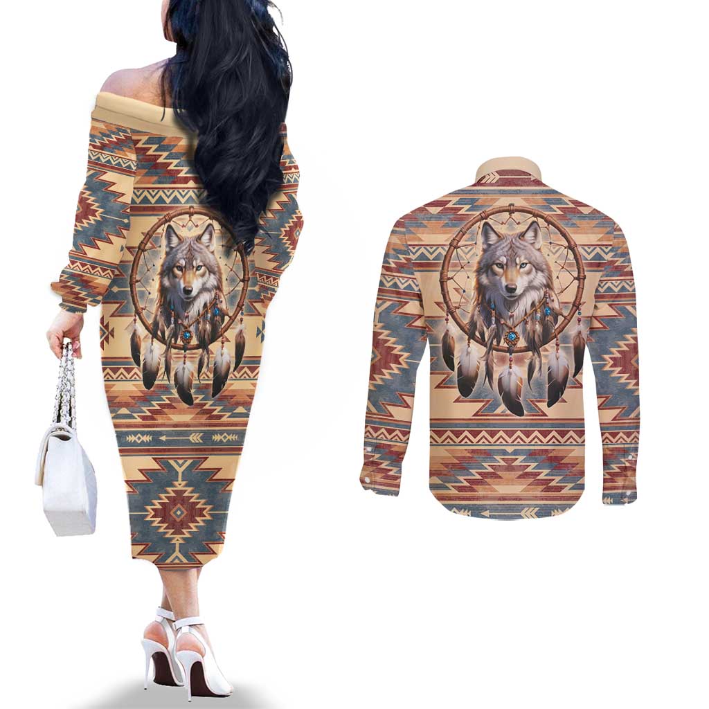 Indigenous Peoples Day Couples Matching Off The Shoulder Long Sleeve Dress and Long Sleeve Button Shirt Native American Dream Catcher Wolf Tribal-inspired - Wonder Print Shop