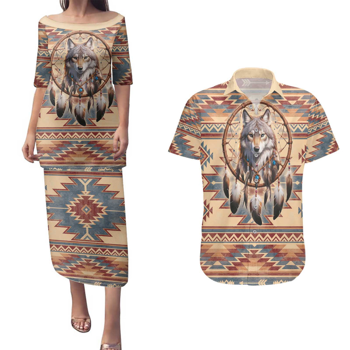 Indigenous Peoples Day Couples Matching Puletasi and Hawaiian Shirt Native American Dream Catcher Wolf Tribal-inspired - Wonder Print Shop