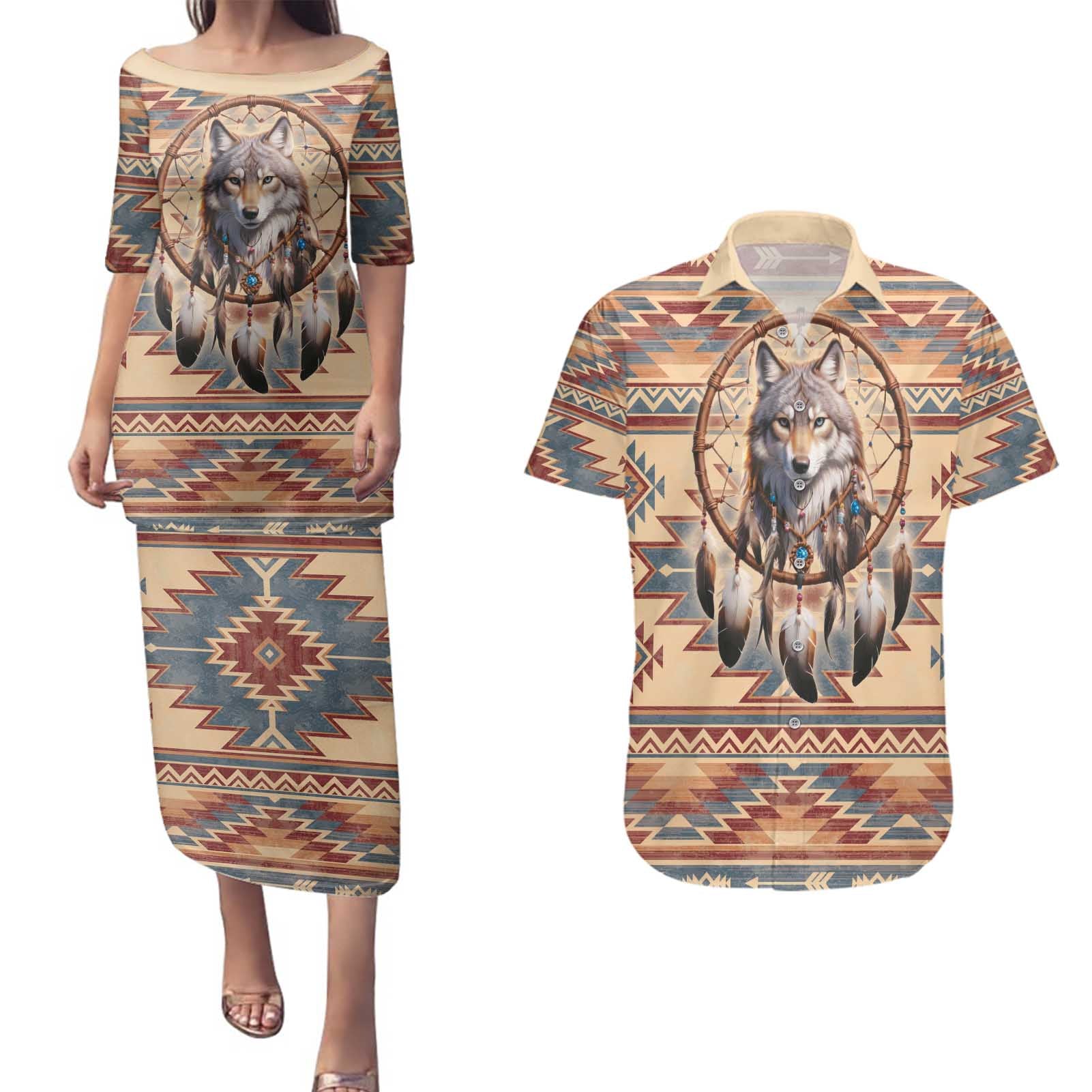 Indigenous Peoples Day Couples Matching Puletasi and Hawaiian Shirt Native American Dream Catcher Wolf Tribal-inspired - Wonder Print Shop