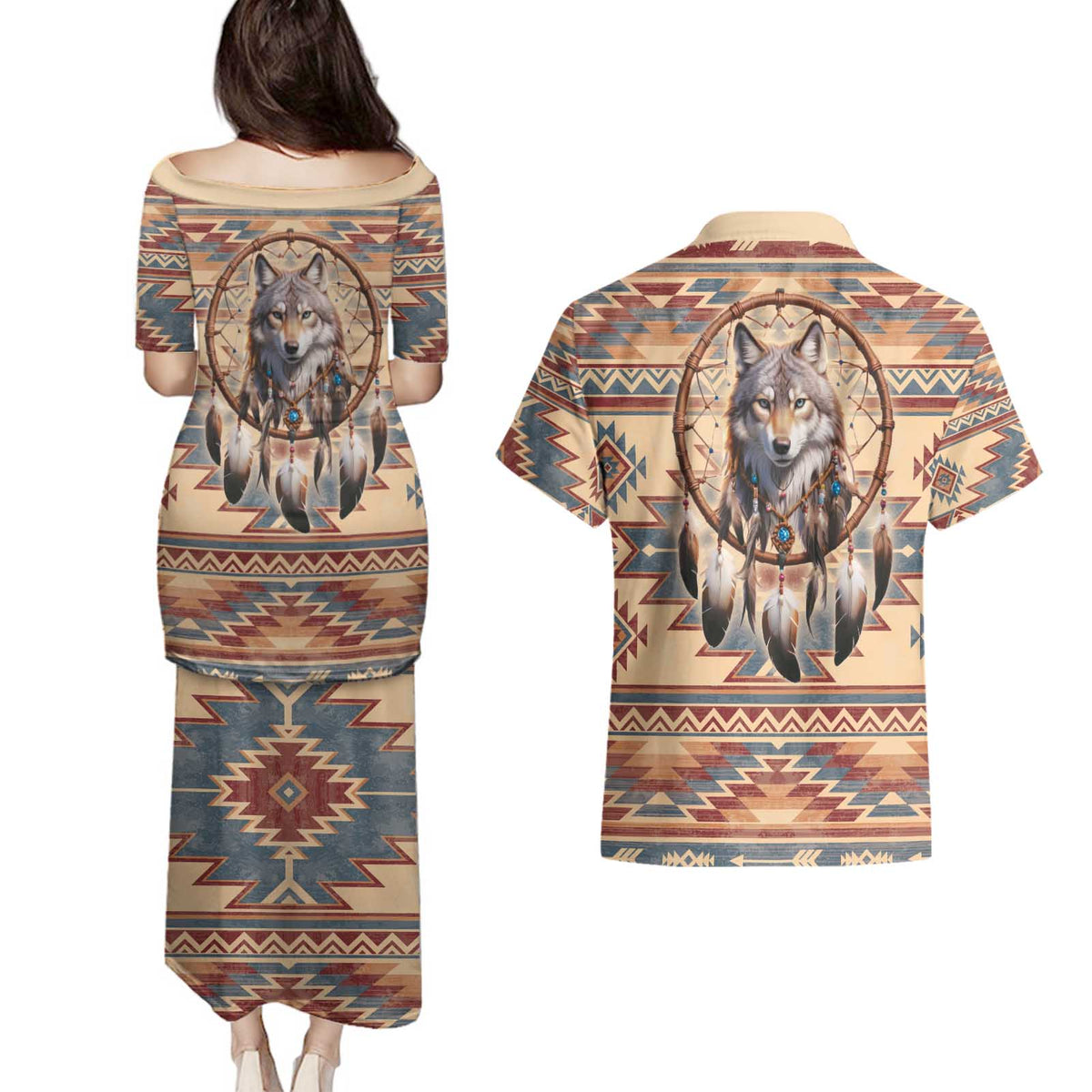Indigenous Peoples Day Couples Matching Puletasi and Hawaiian Shirt Native American Dream Catcher Wolf Tribal-inspired - Wonder Print Shop